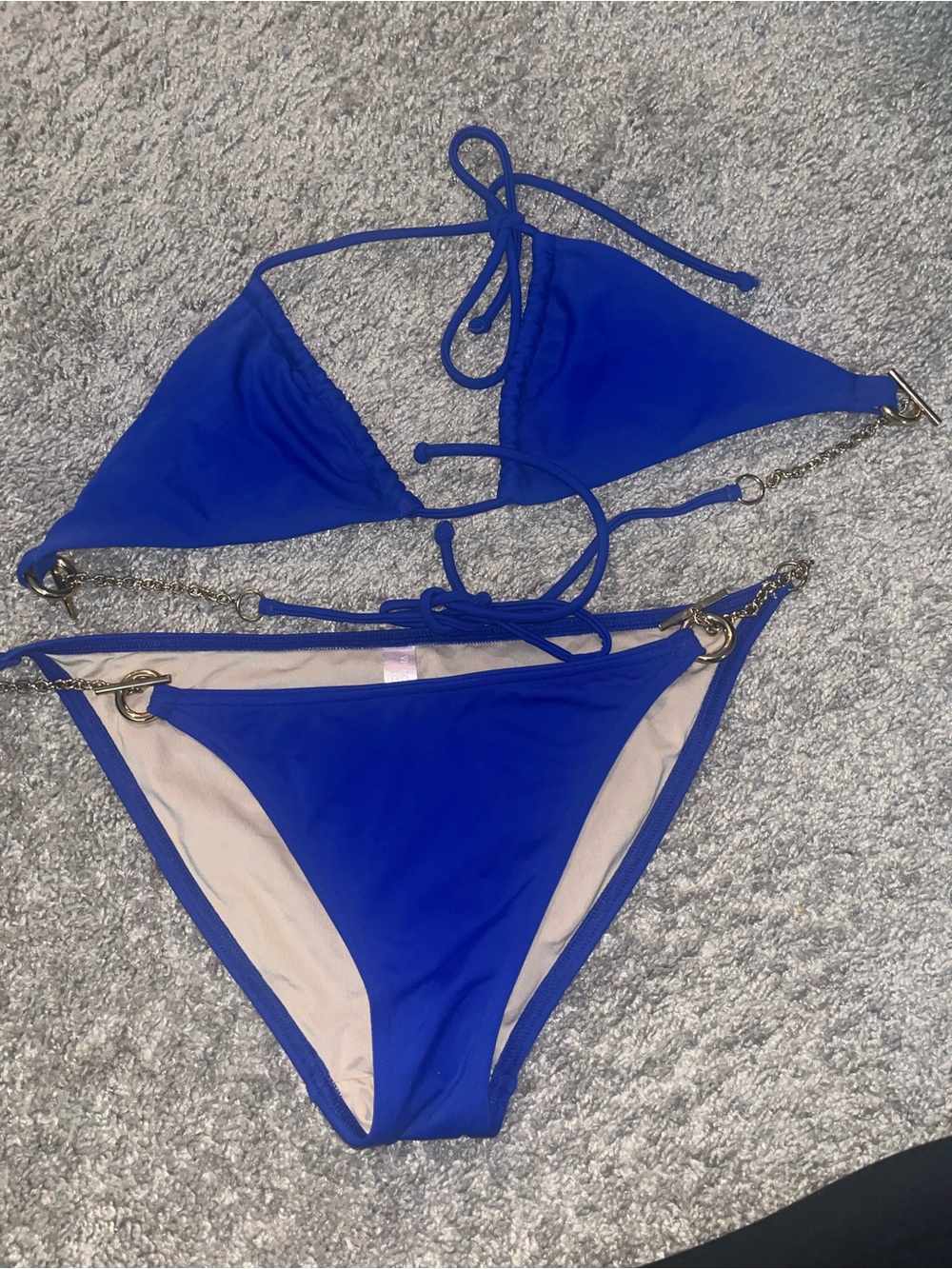 Victoria's Secret Royal Blue Triangle Bikini Set with Gold Chain Accents
